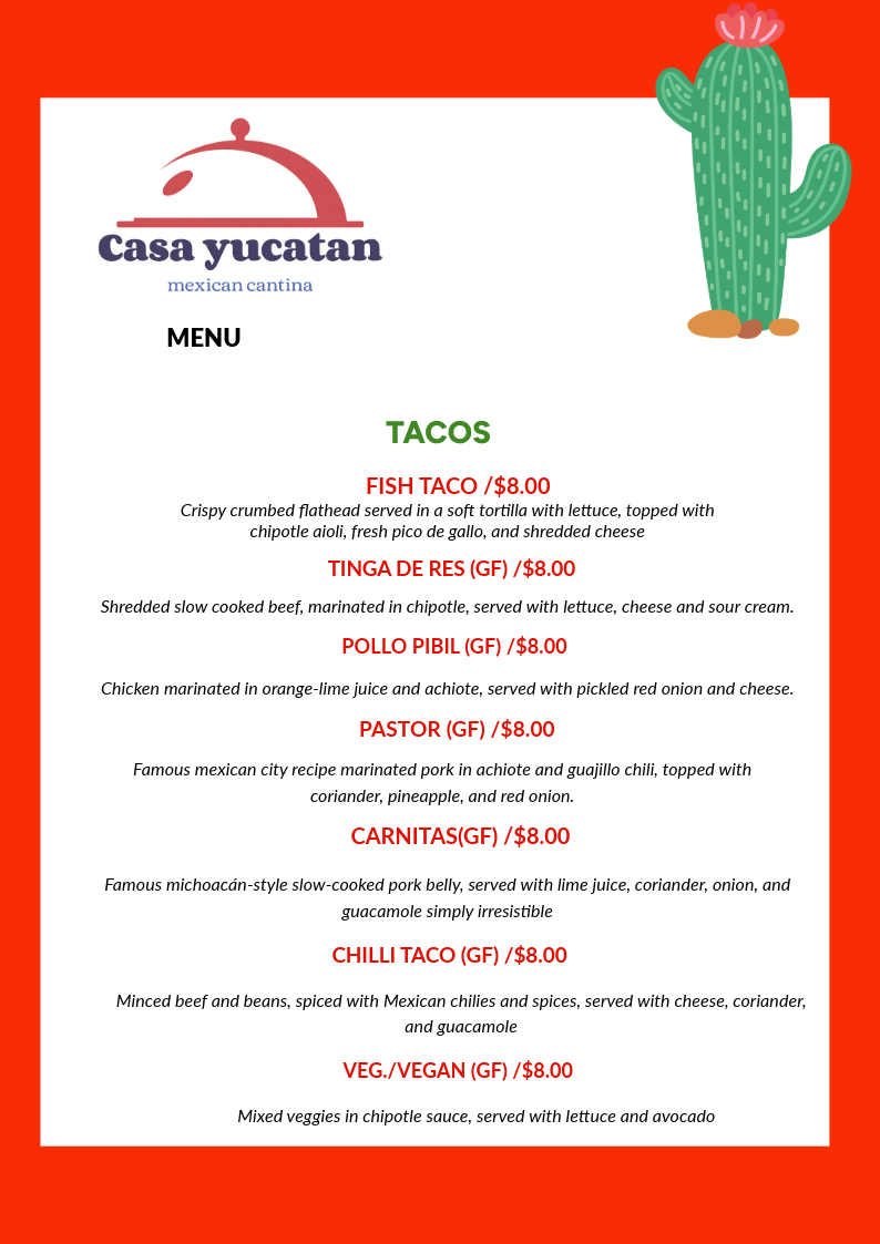 Menu, Casa Yucatan Mexican Cantina