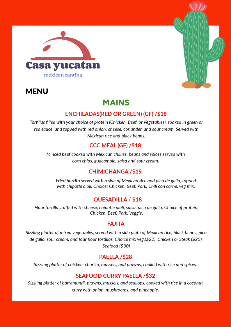 Menu, Casa Yucatan Mexican Cantina
