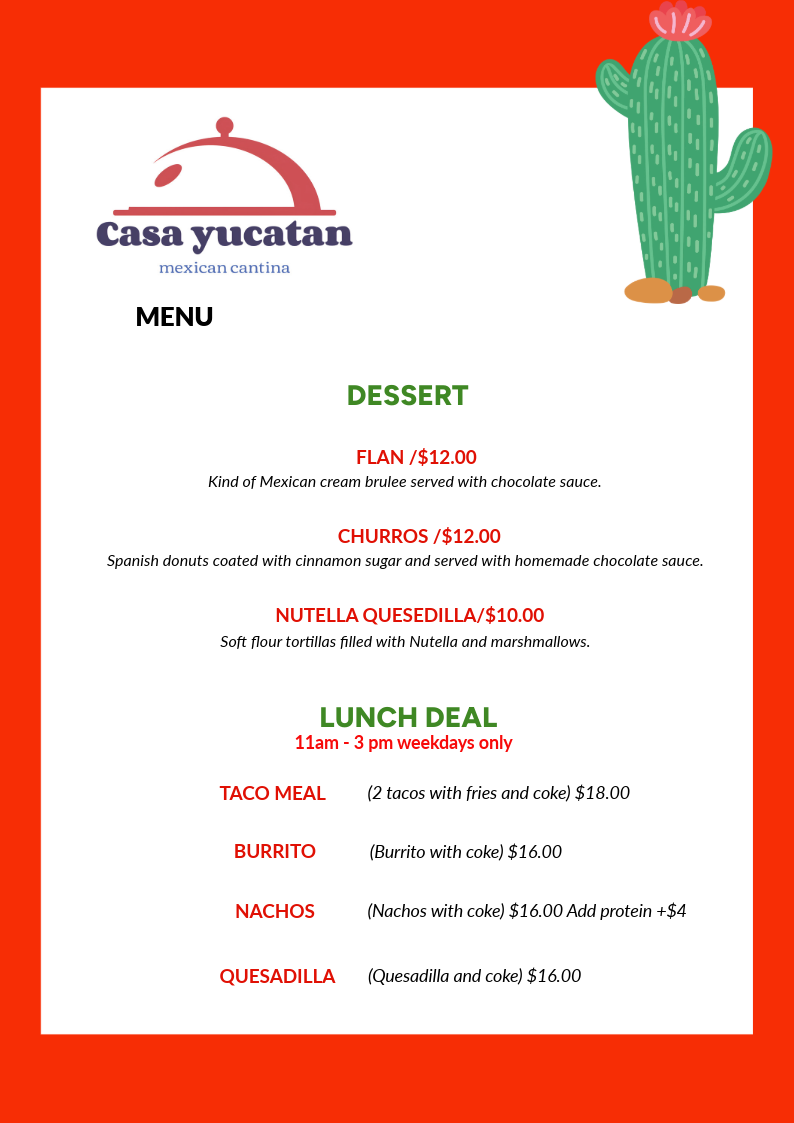 Menu, Casa Yucatan Mexican Cantina