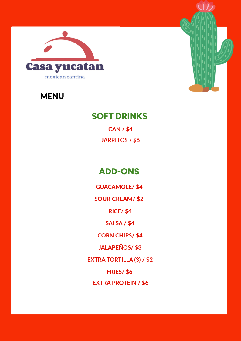Menu, Casa Yucatan Mexican Cantina