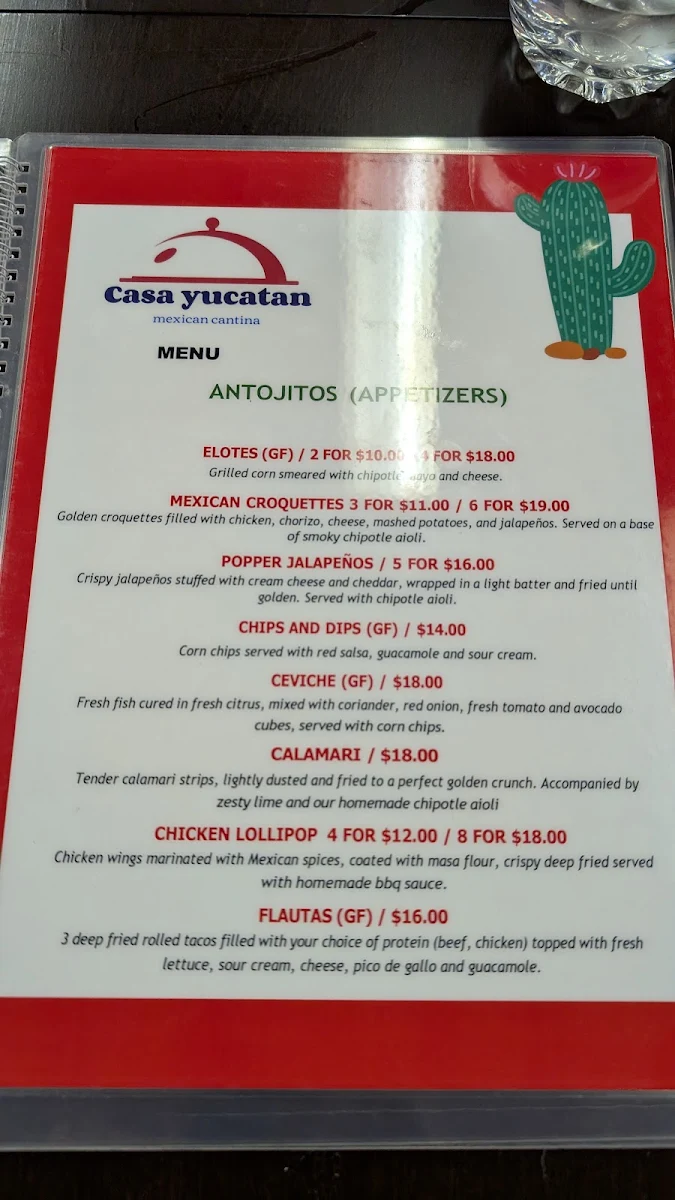 Menu, Casa Yucatan Mexican Cantina