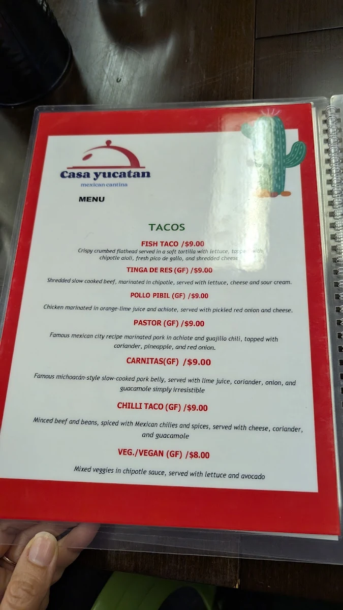 Menu, Casa Yucatan Mexican Cantina