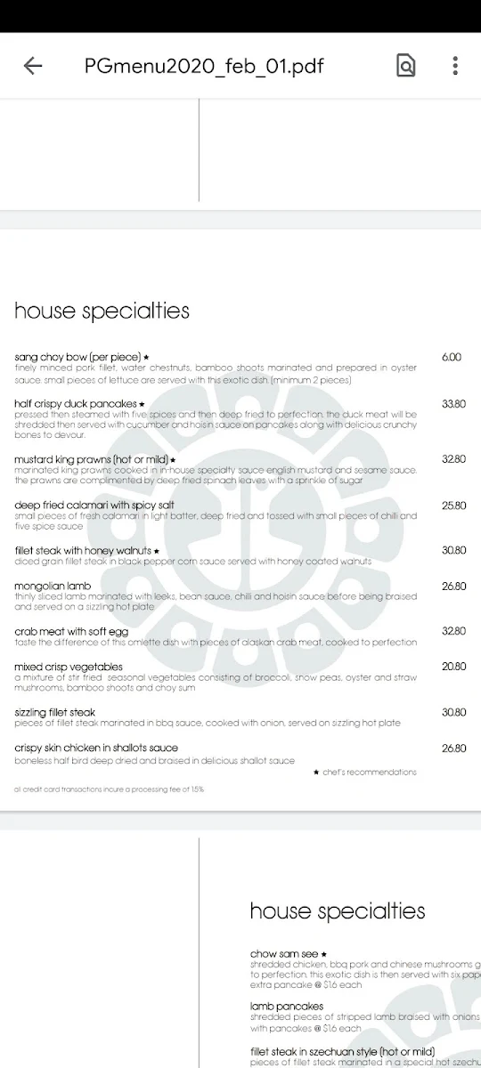 Menu, Peacock Gardens