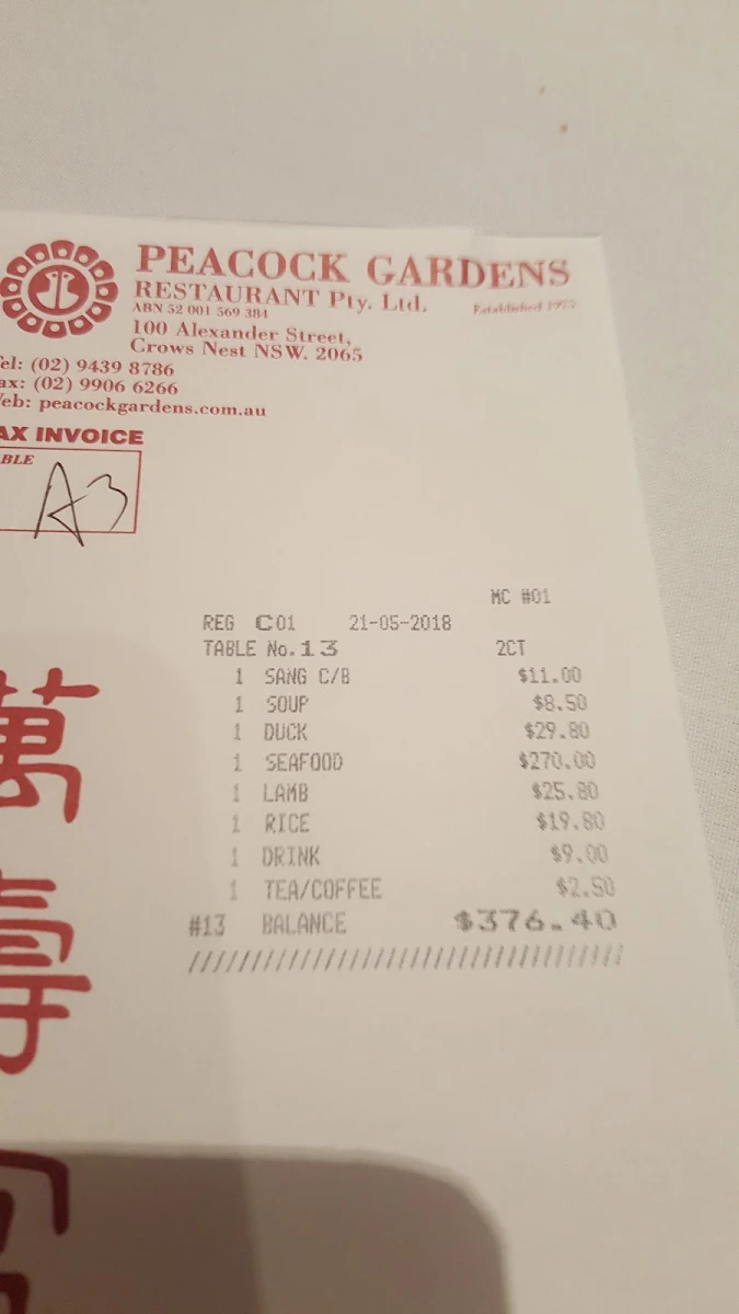 Menu, Peacock Gardens