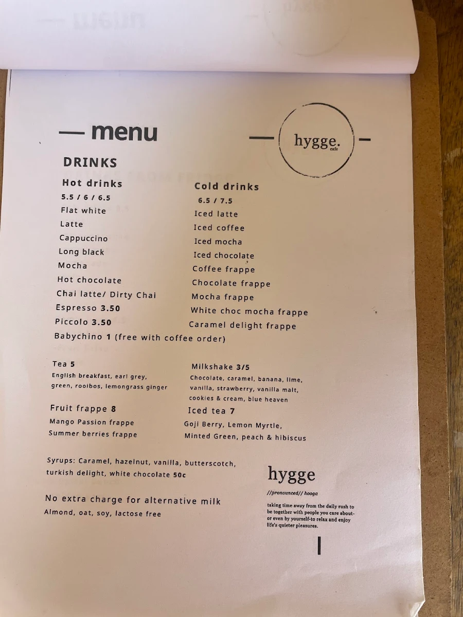 Menu, Hygge Cafe