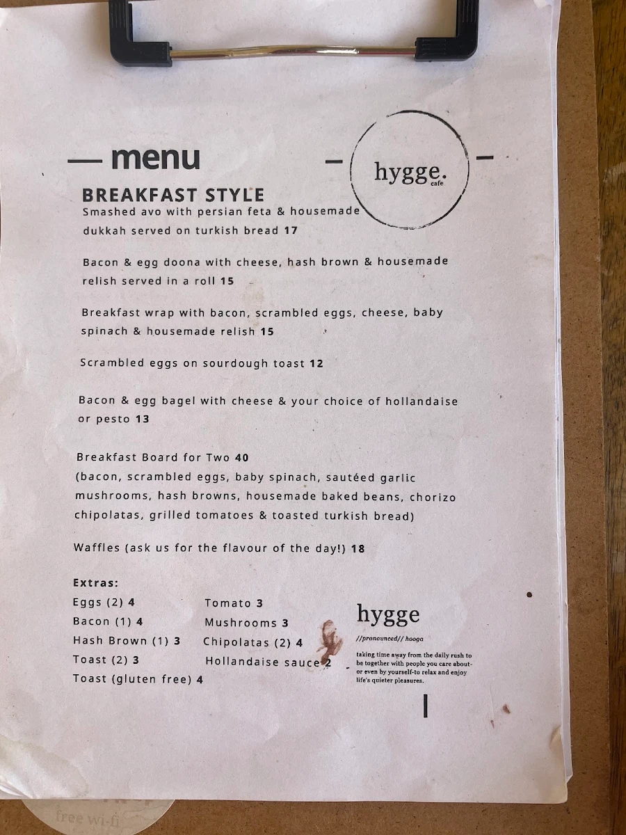 Menu, Hygge Cafe