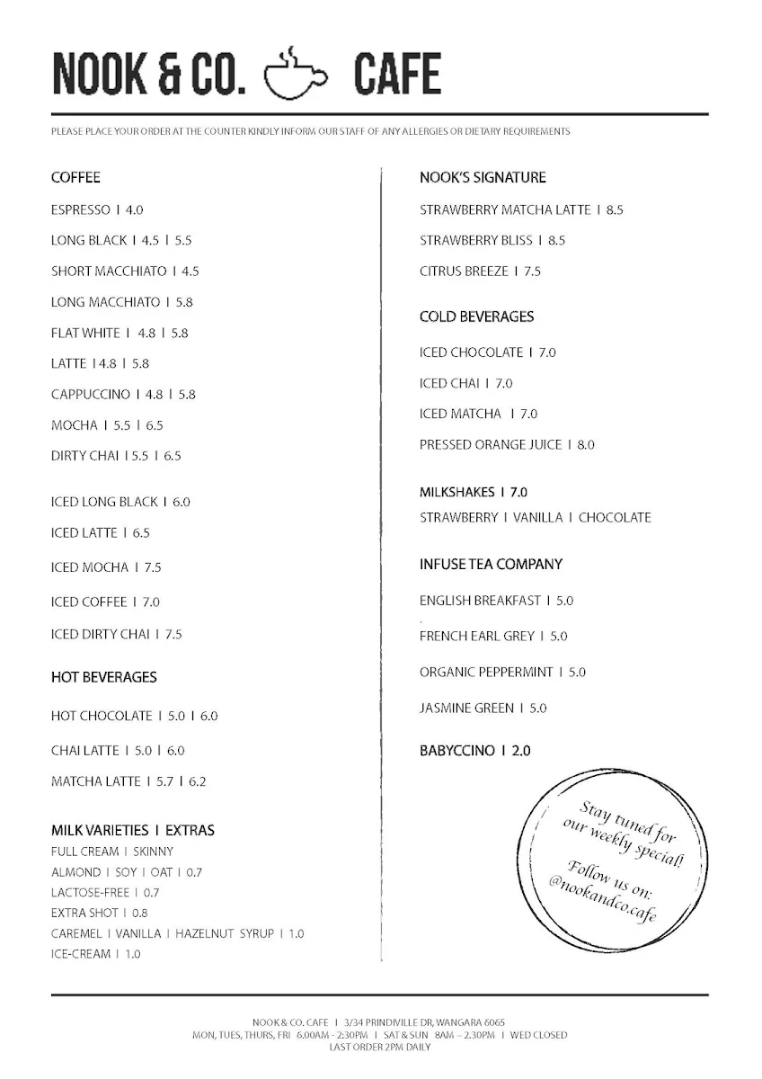 Menu, Nook & Co. Cafe