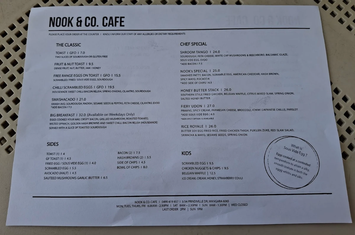 Menu, Nook & Co. Cafe