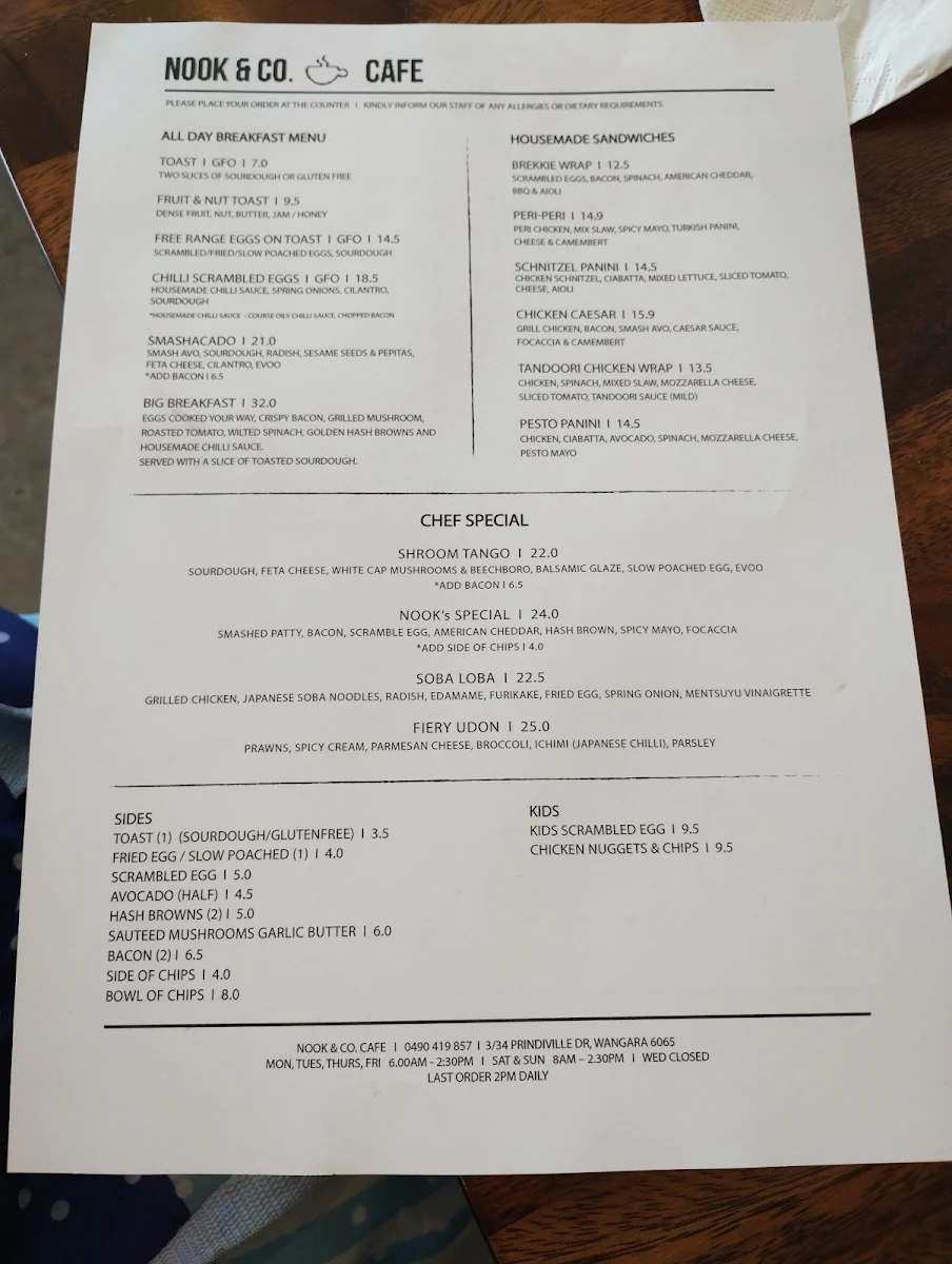 Menu, Nook & Co. Cafe