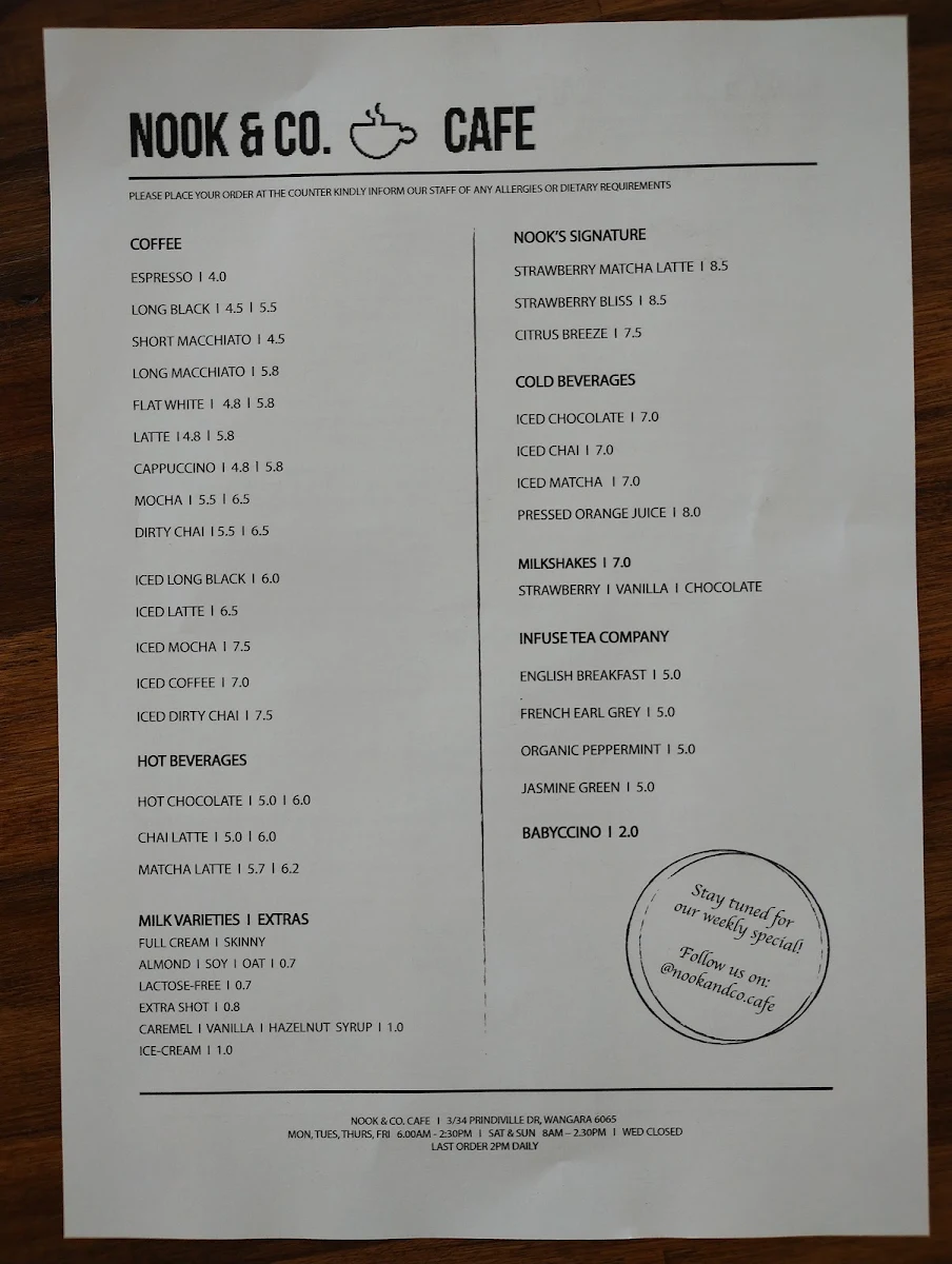 Menu, Nook & Co. Cafe