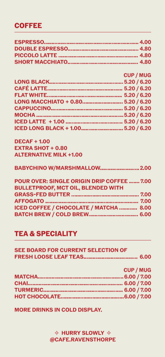 Menu, Café Lounge