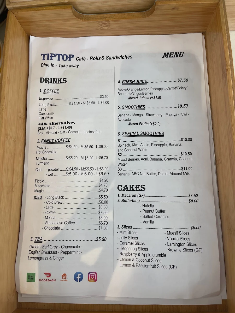 Menu, Tiptop Cafe