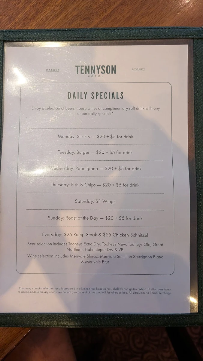 Menu, Tennyson Hotel