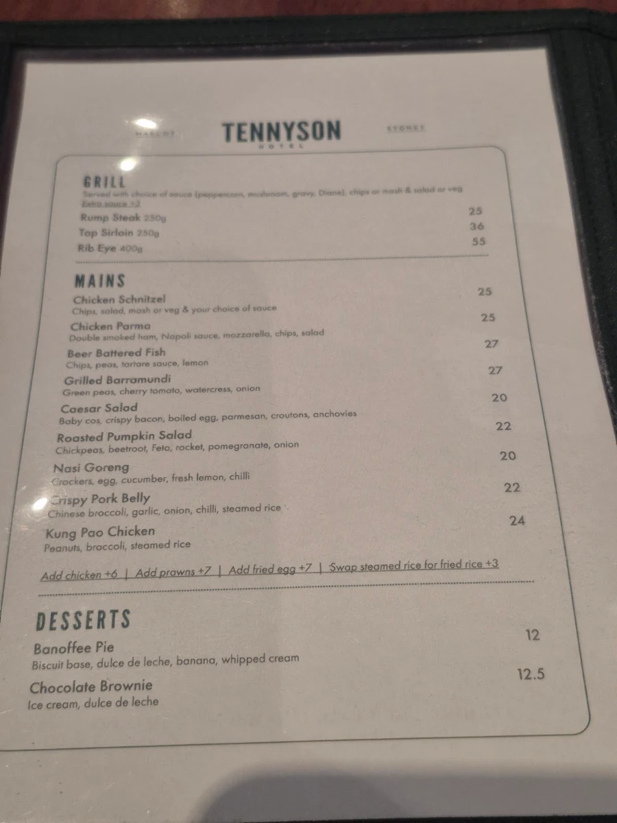 Menu, Tennyson Hotel