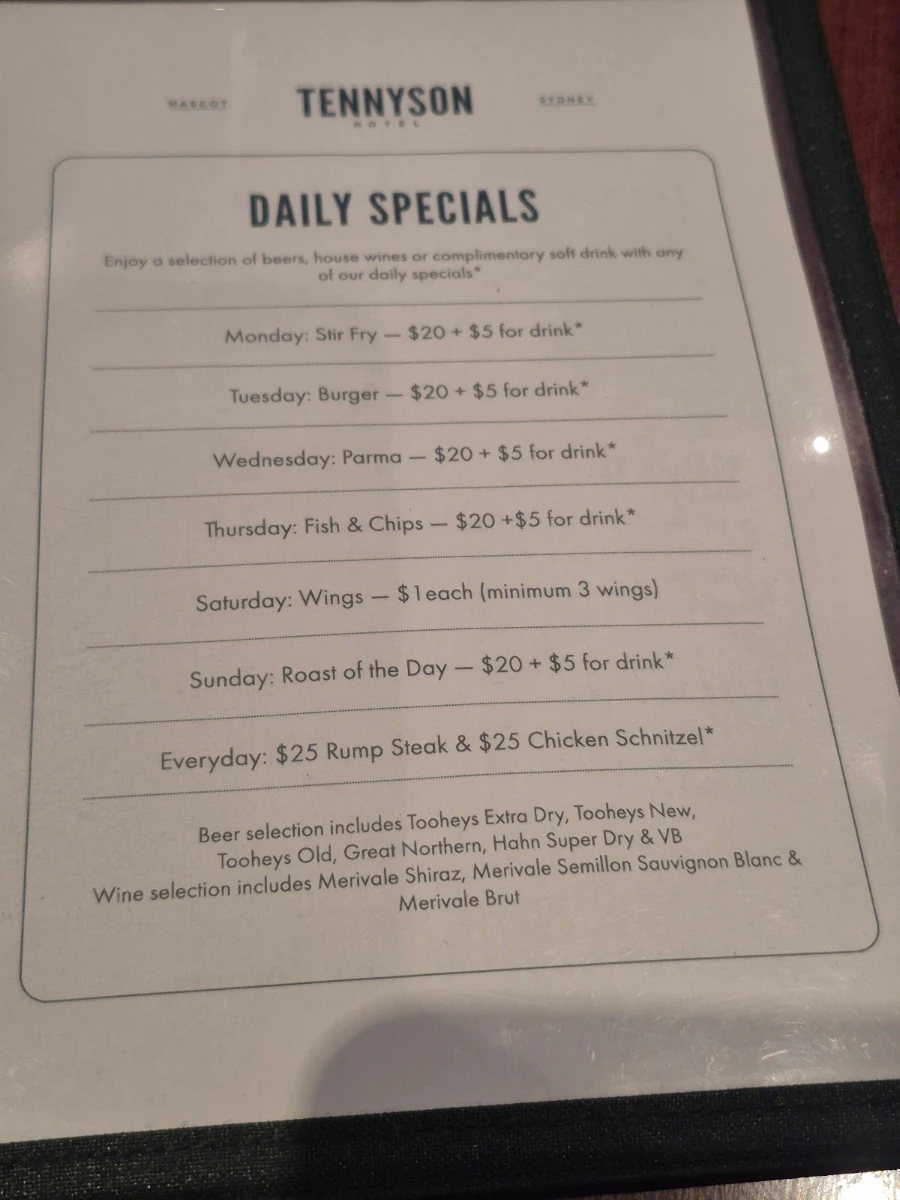 Menu, Tennyson Hotel
