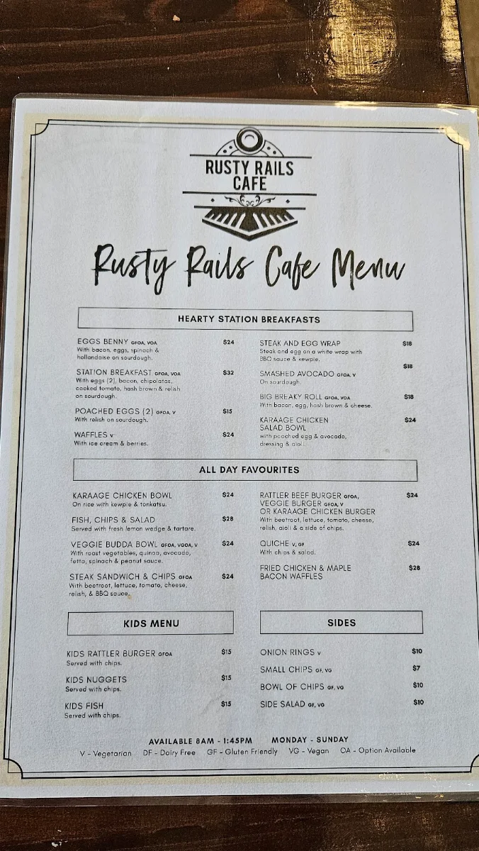 Menu, Rusty Rails Cafe