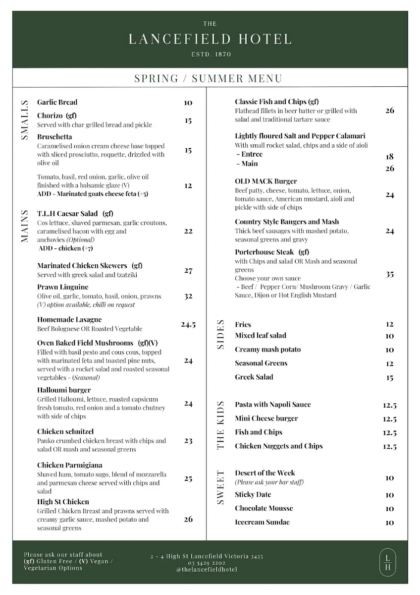 Menu, The Lancefield Hotel