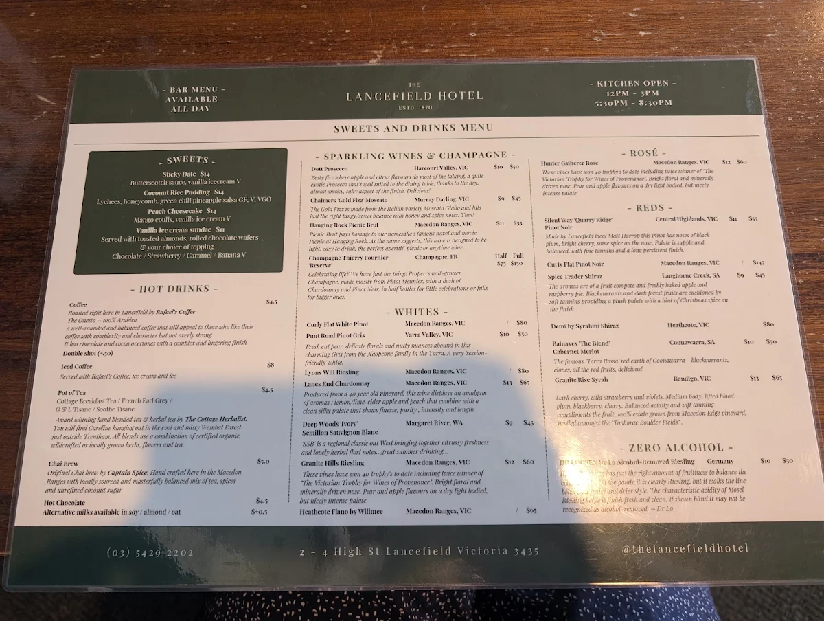 Menu, The Lancefield Hotel