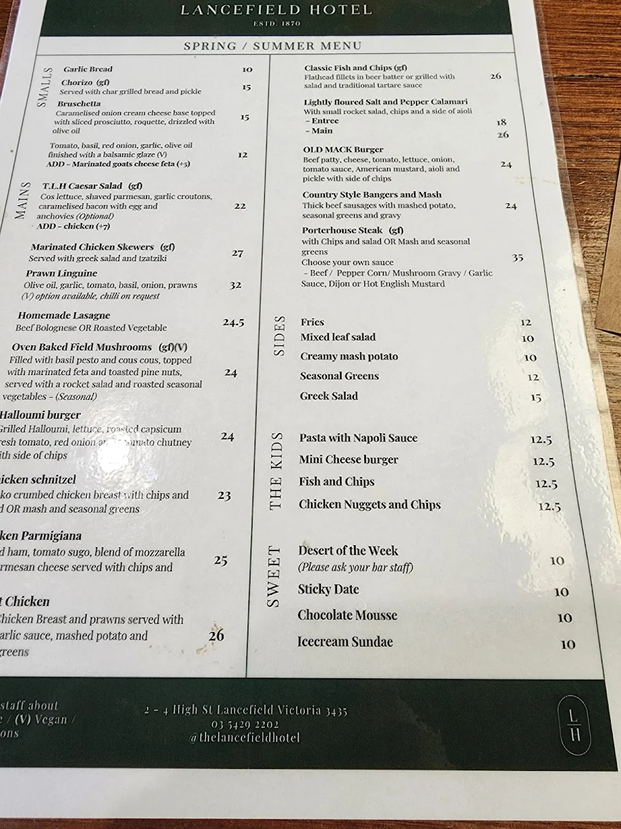 Menu, The Lancefield Hotel