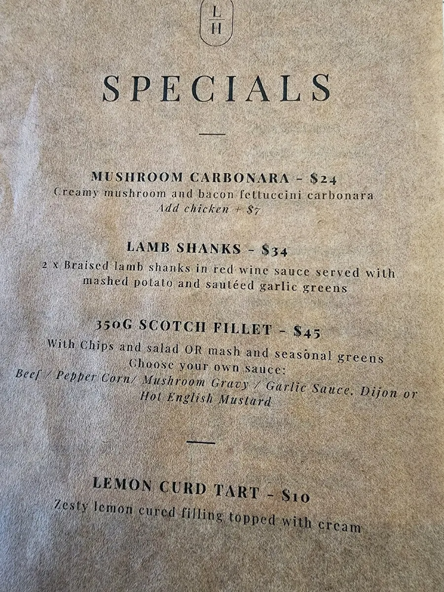 Menu, The Lancefield Hotel
