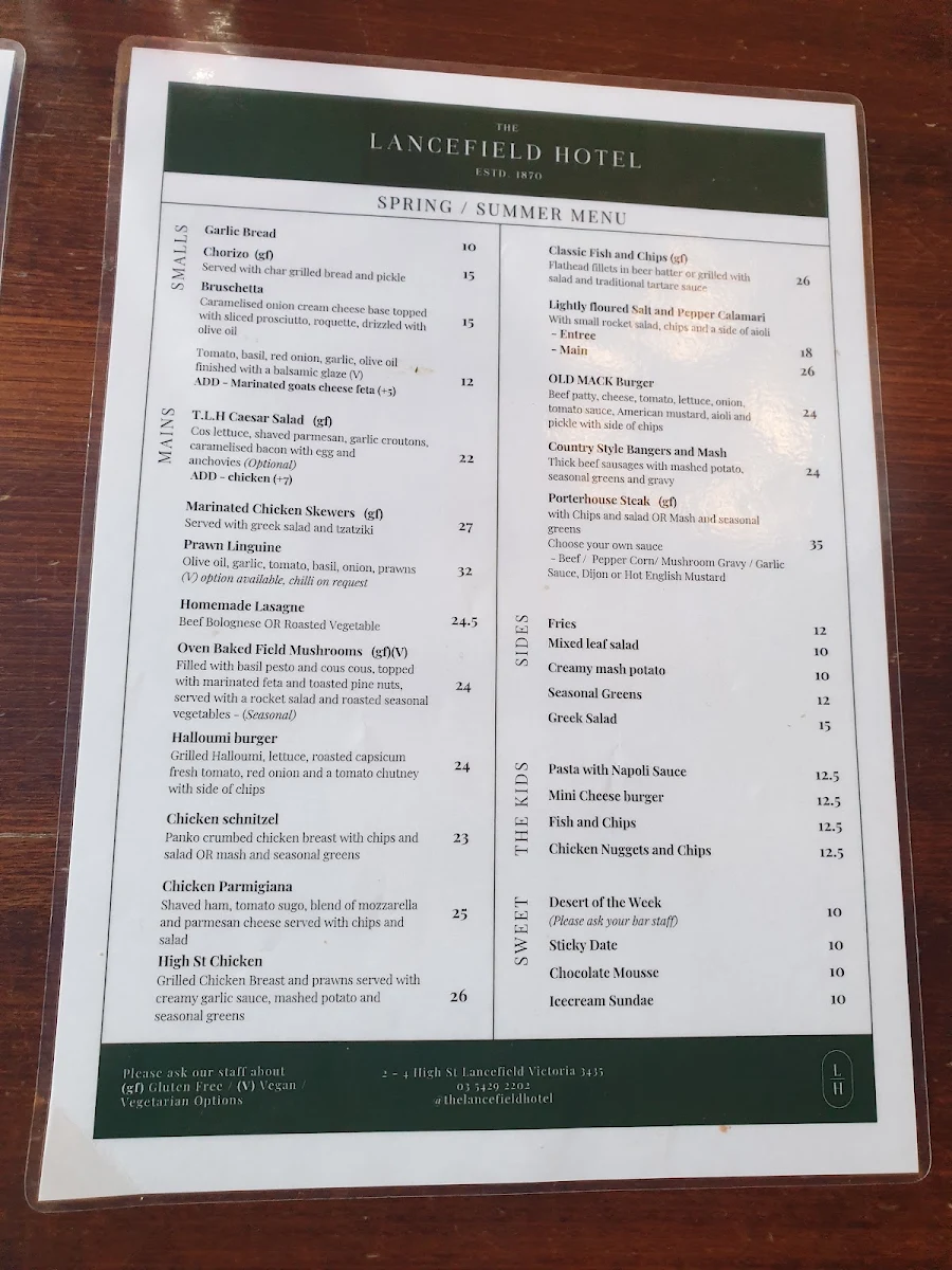 Menu, The Lancefield Hotel