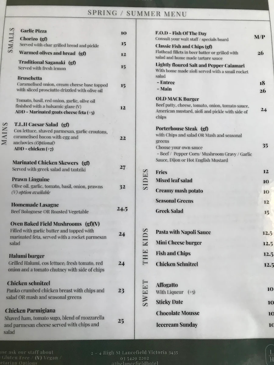 Menu, The Lancefield Hotel