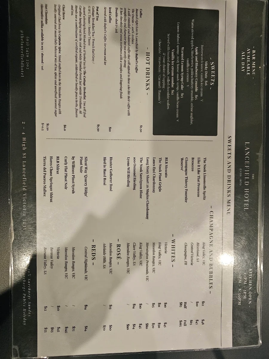 Menu, The Lancefield Hotel