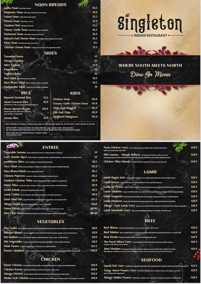 Menu, Singleton Indian Restaurant