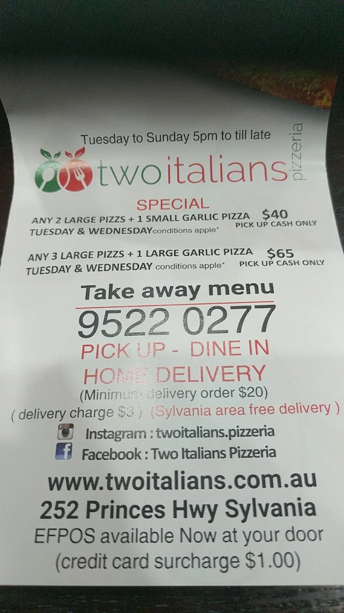 Menu, Two Italians Sylvania
