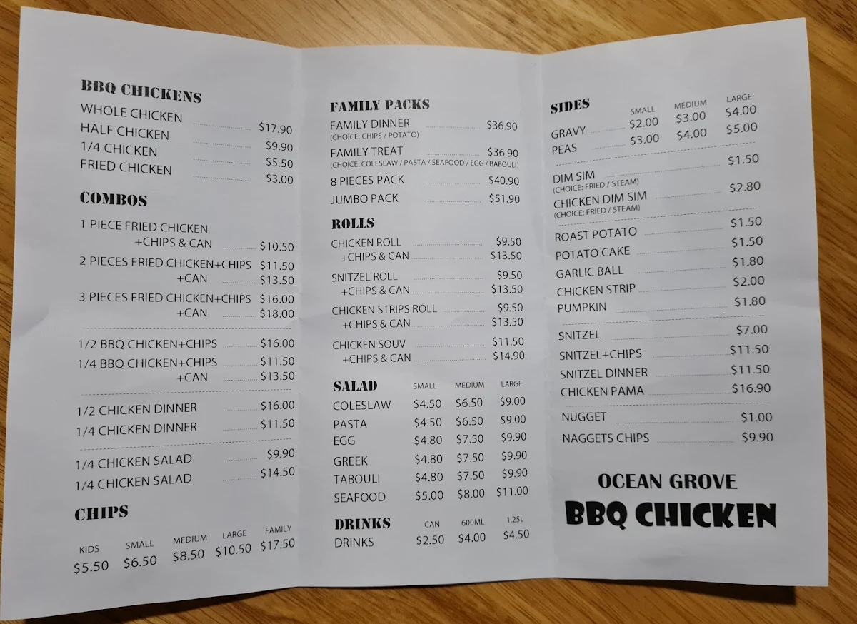 Menu, Ocean Grove BBQ Chicken