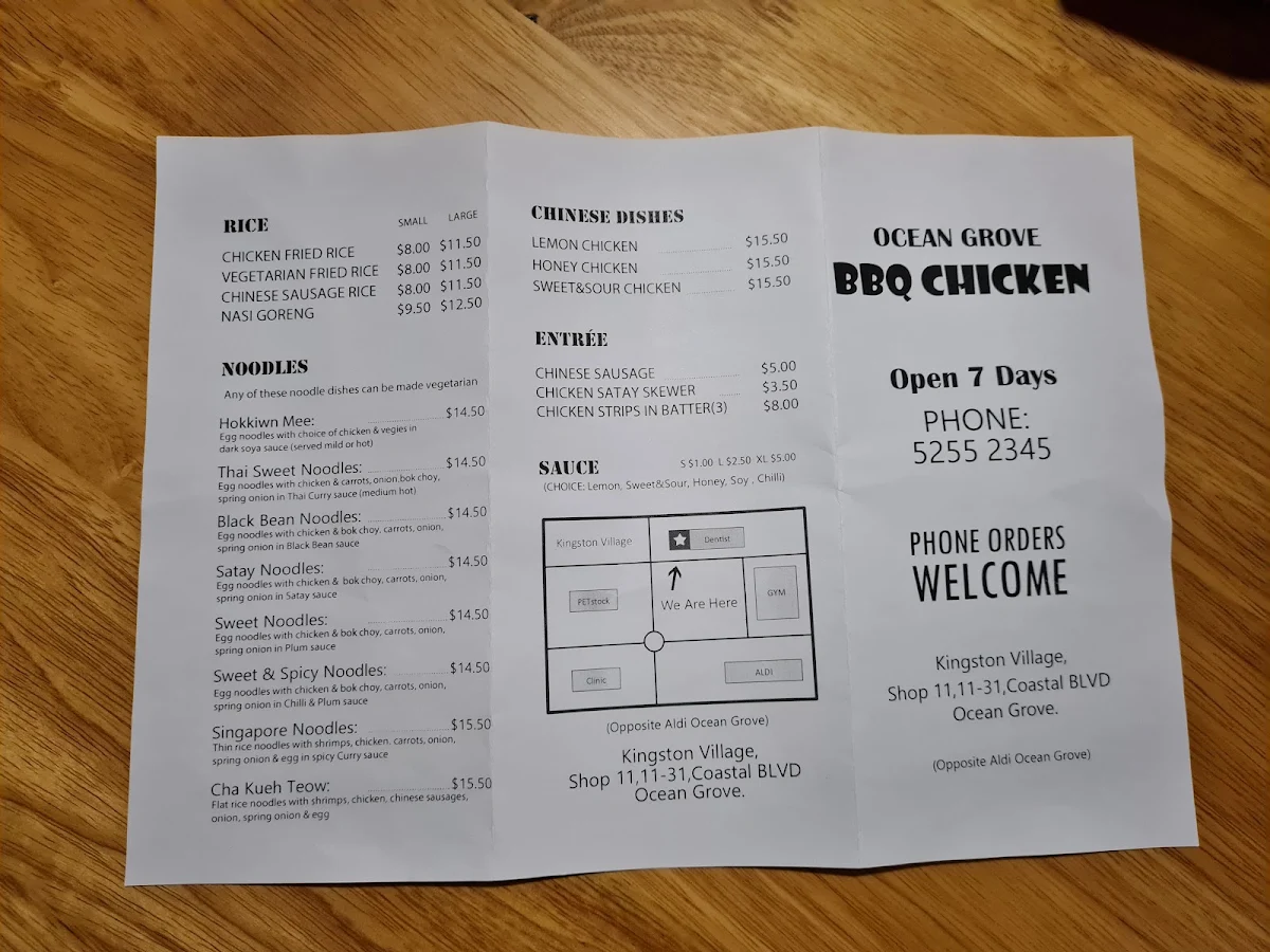 Menu, Ocean Grove BBQ Chicken