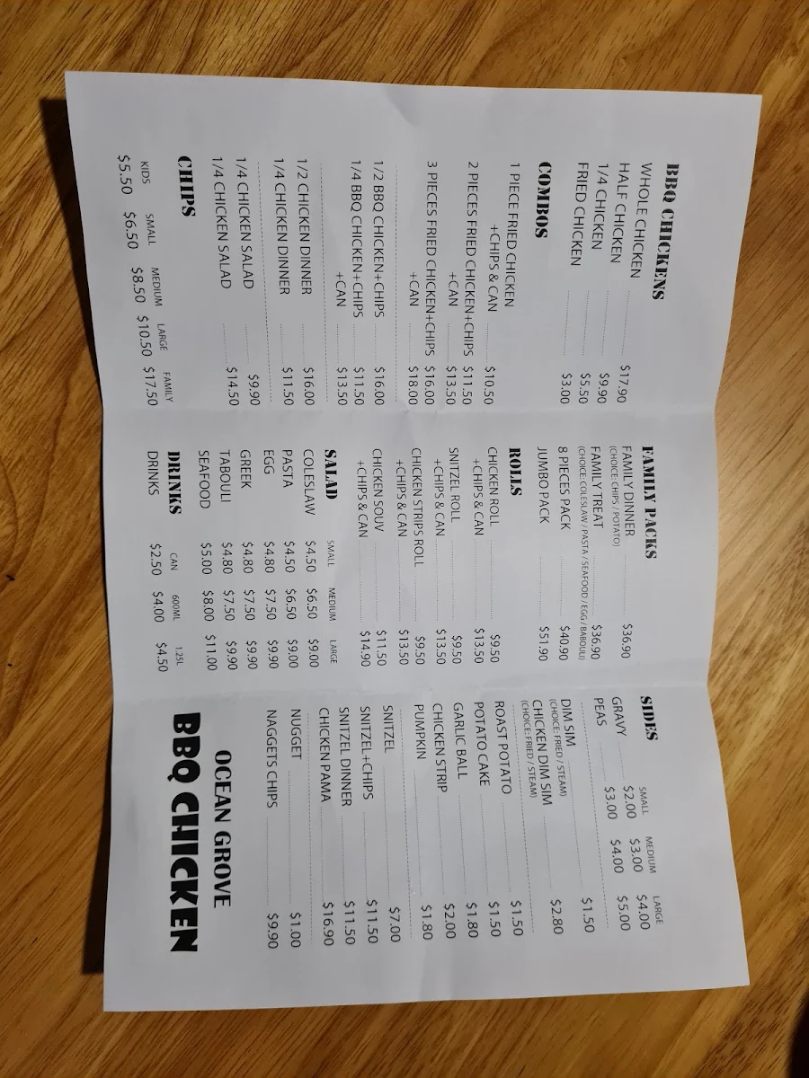 Menu, Ocean Grove BBQ Chicken