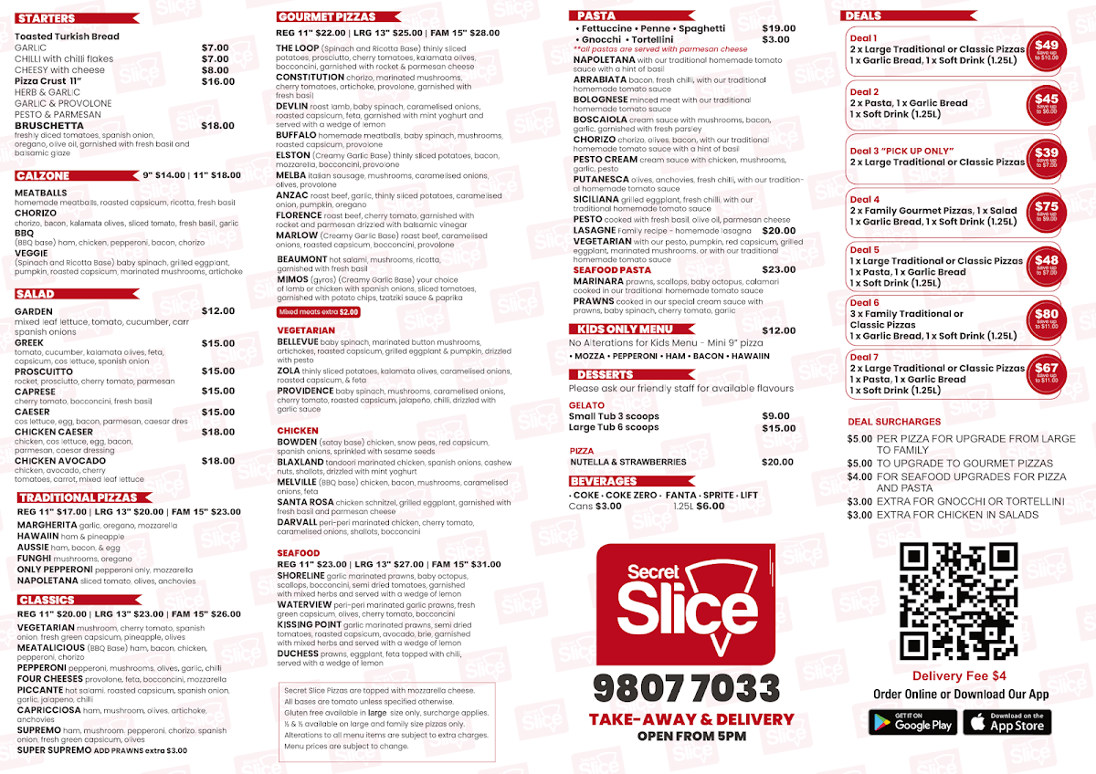 Menu, Secret Slice Pizza & Pasta