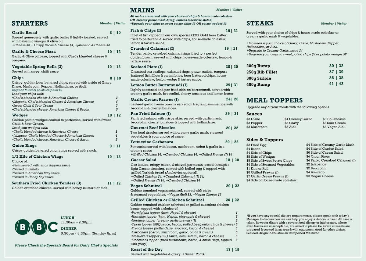 Menu, Beenleigh Bowls Club