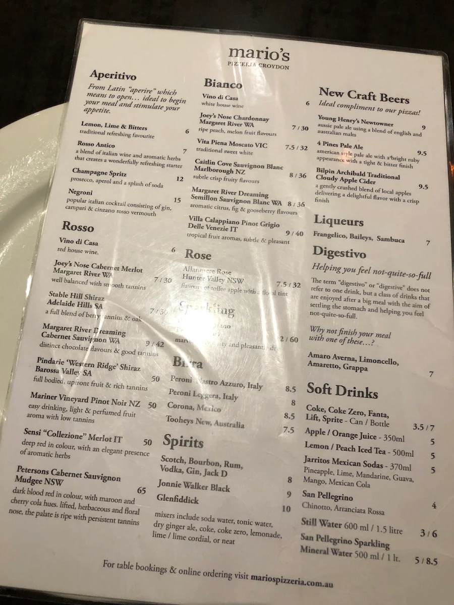 Menu, Mario's Pizzeria Croydon