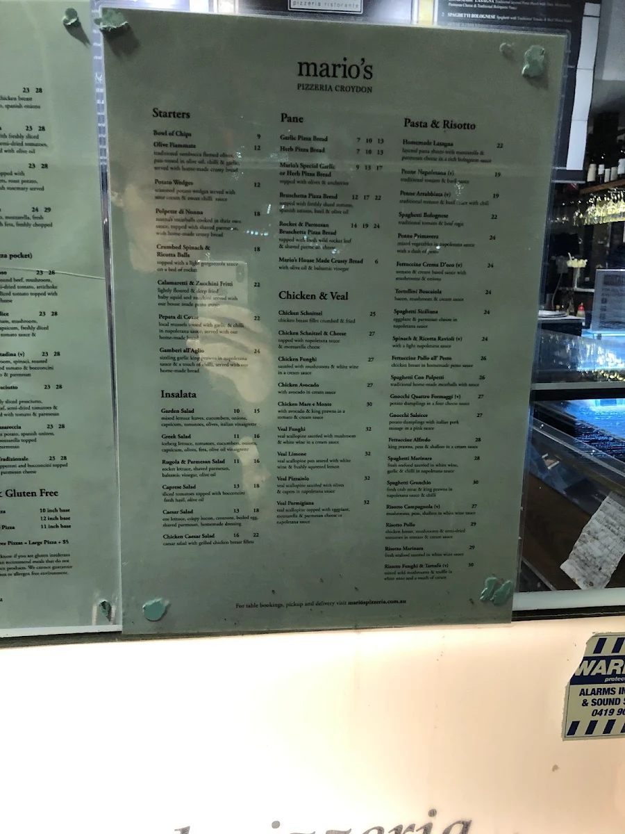 Menu, Mario's Pizzeria Croydon