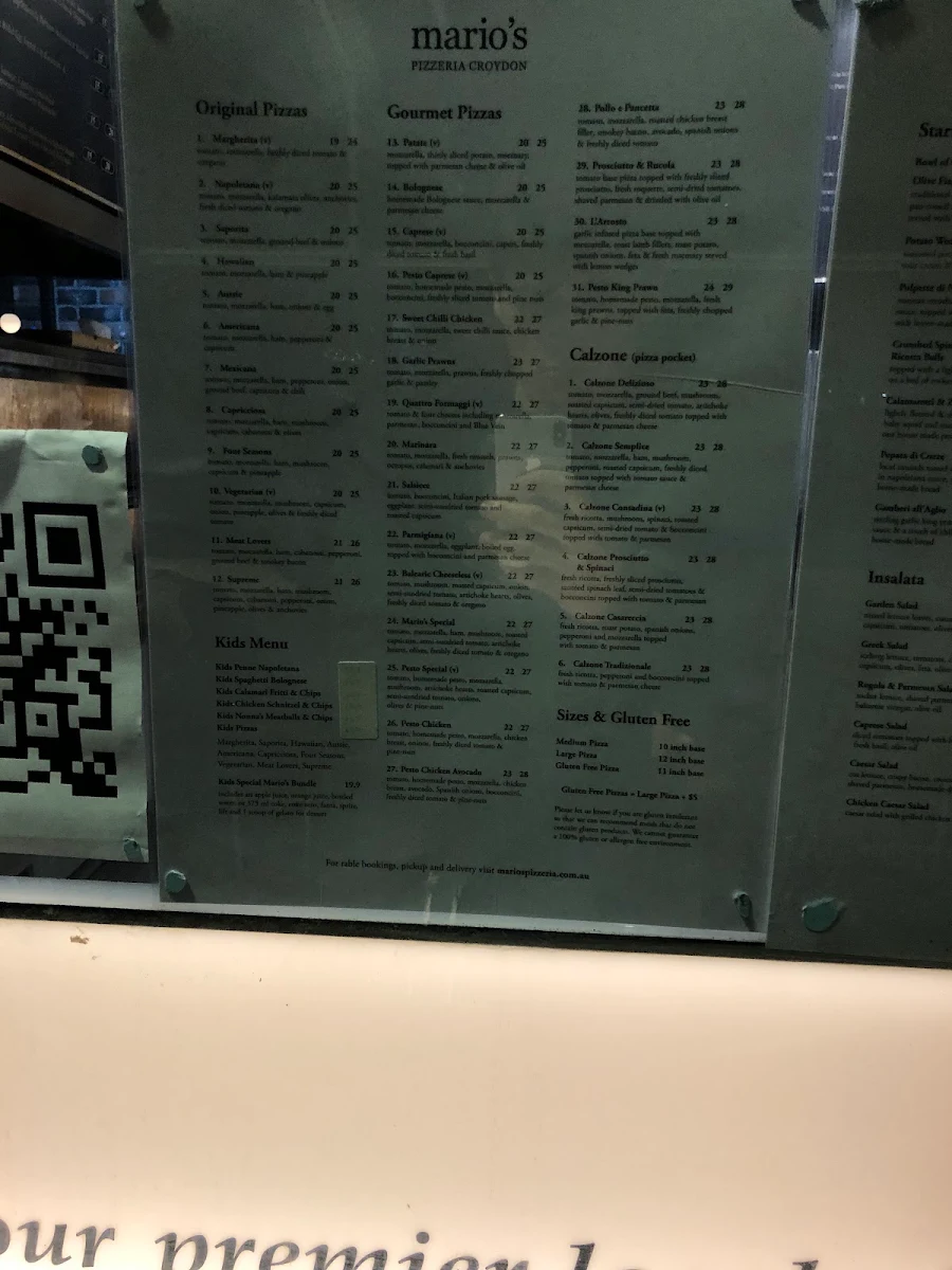 Menu, Mario's Pizzeria Croydon