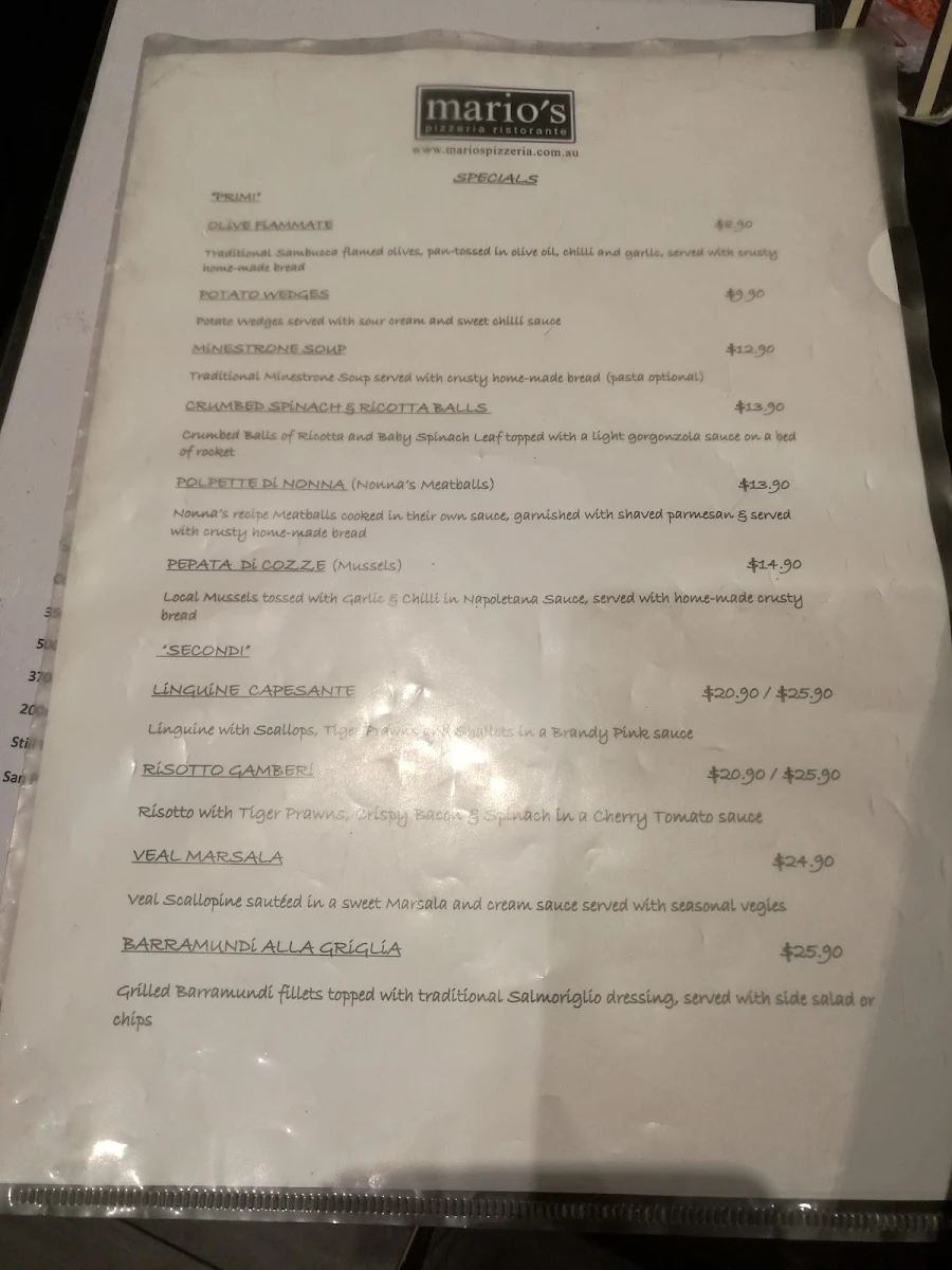 Menu, Mario's Pizzeria Croydon