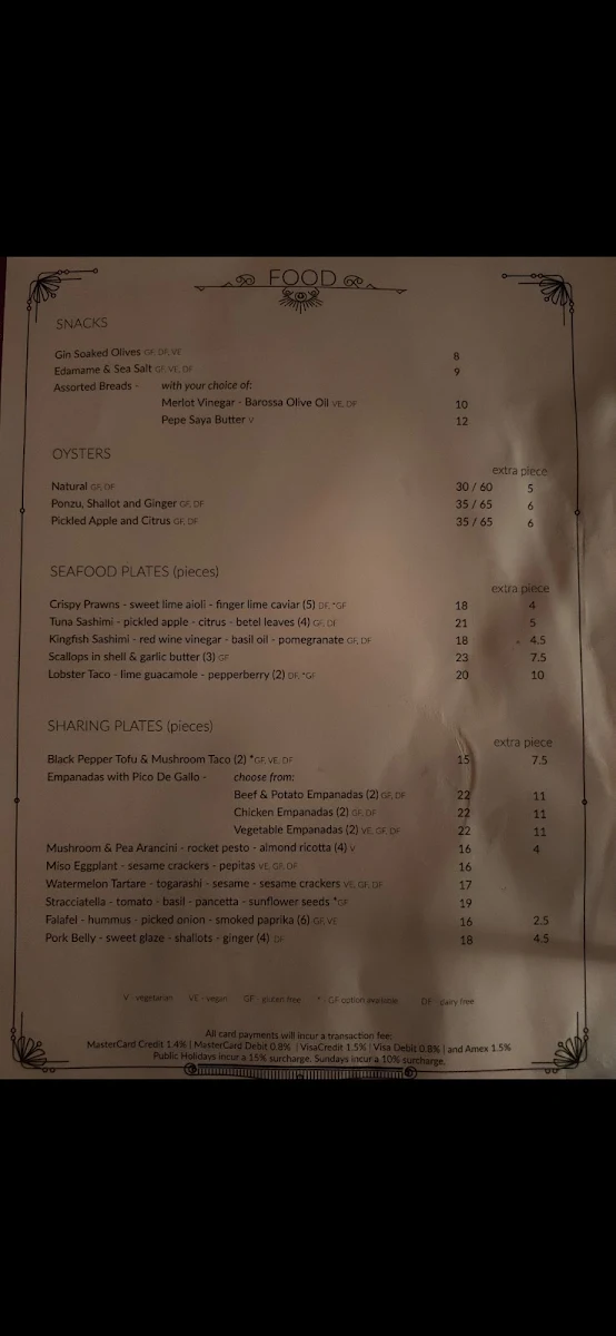 Menu, Nick & Nora's Parramatta