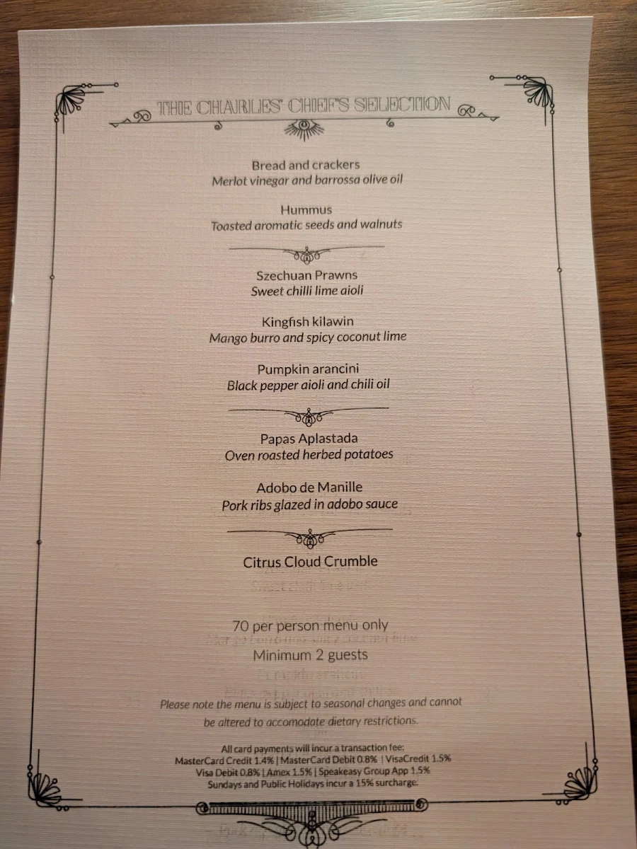 Menu, Nick & Nora's Parramatta