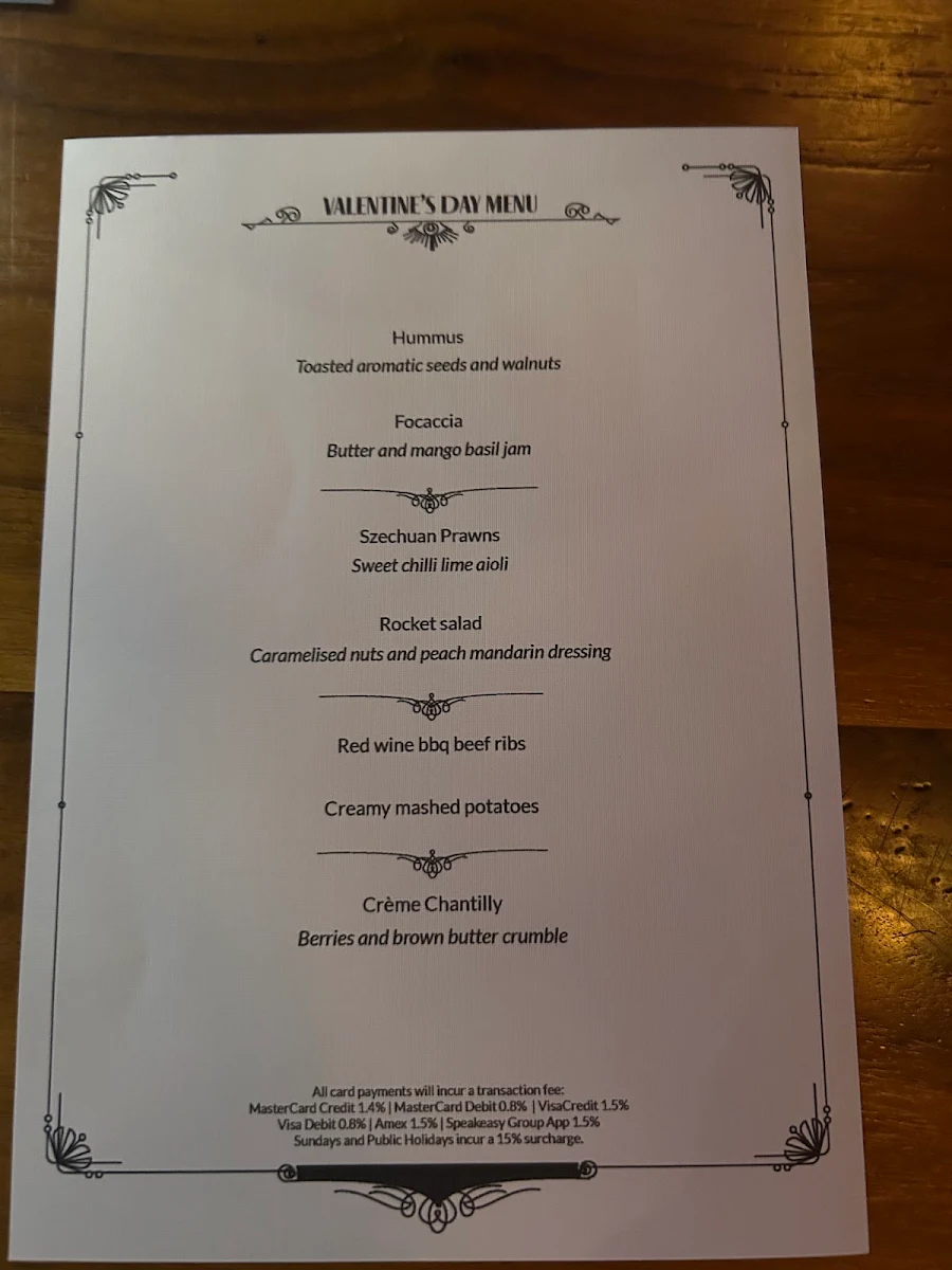 Menu, Nick & Nora's Parramatta