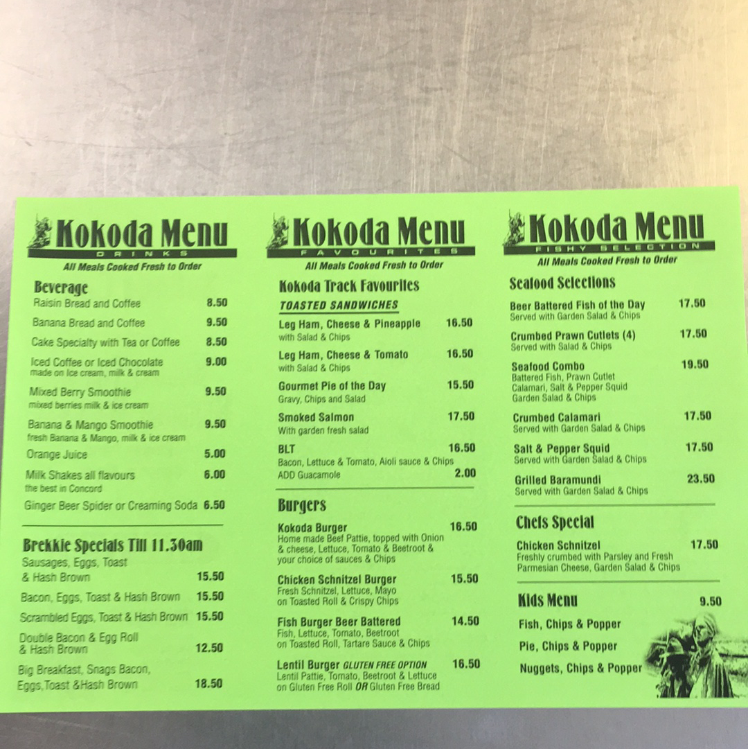 Menu, Kokoda Cafe Rhodes