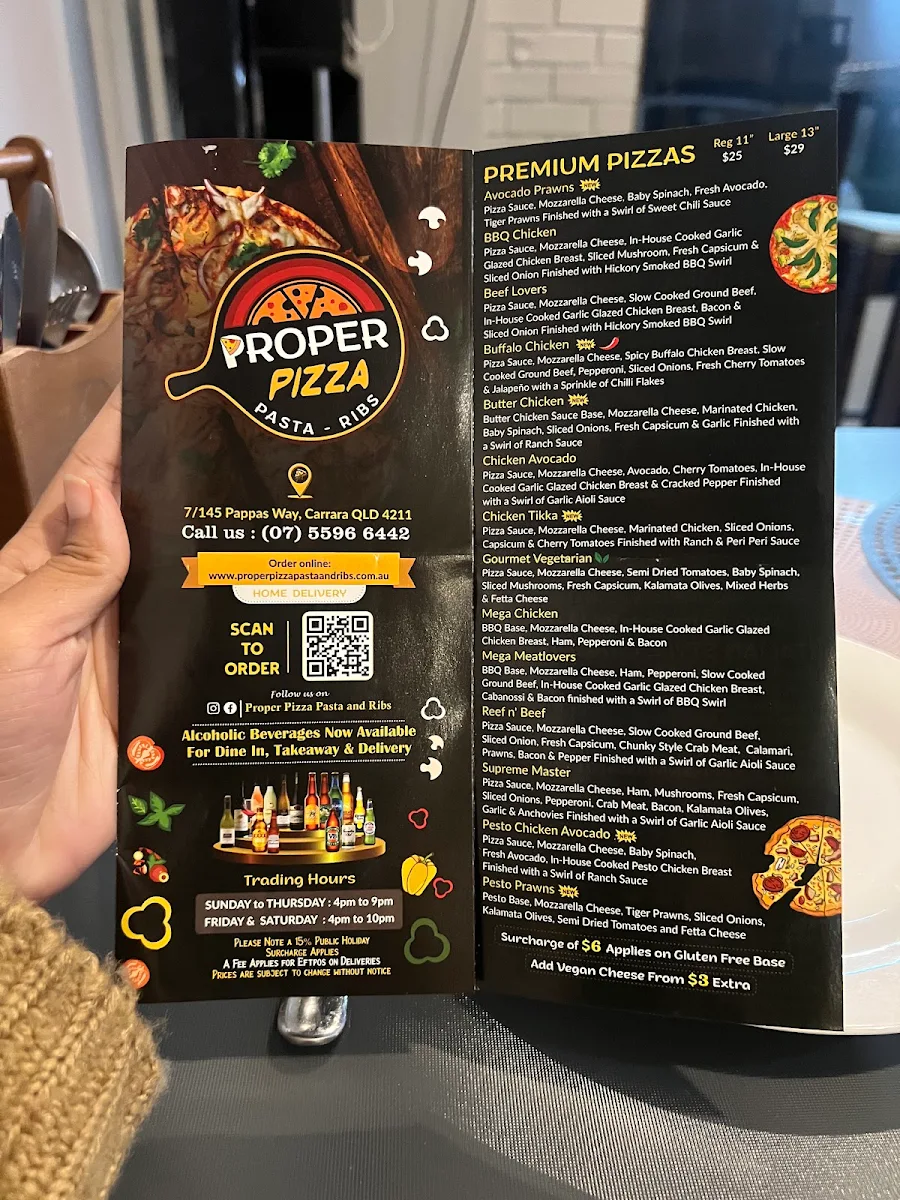 Menu, Proper Pizza Pasta and Ribs