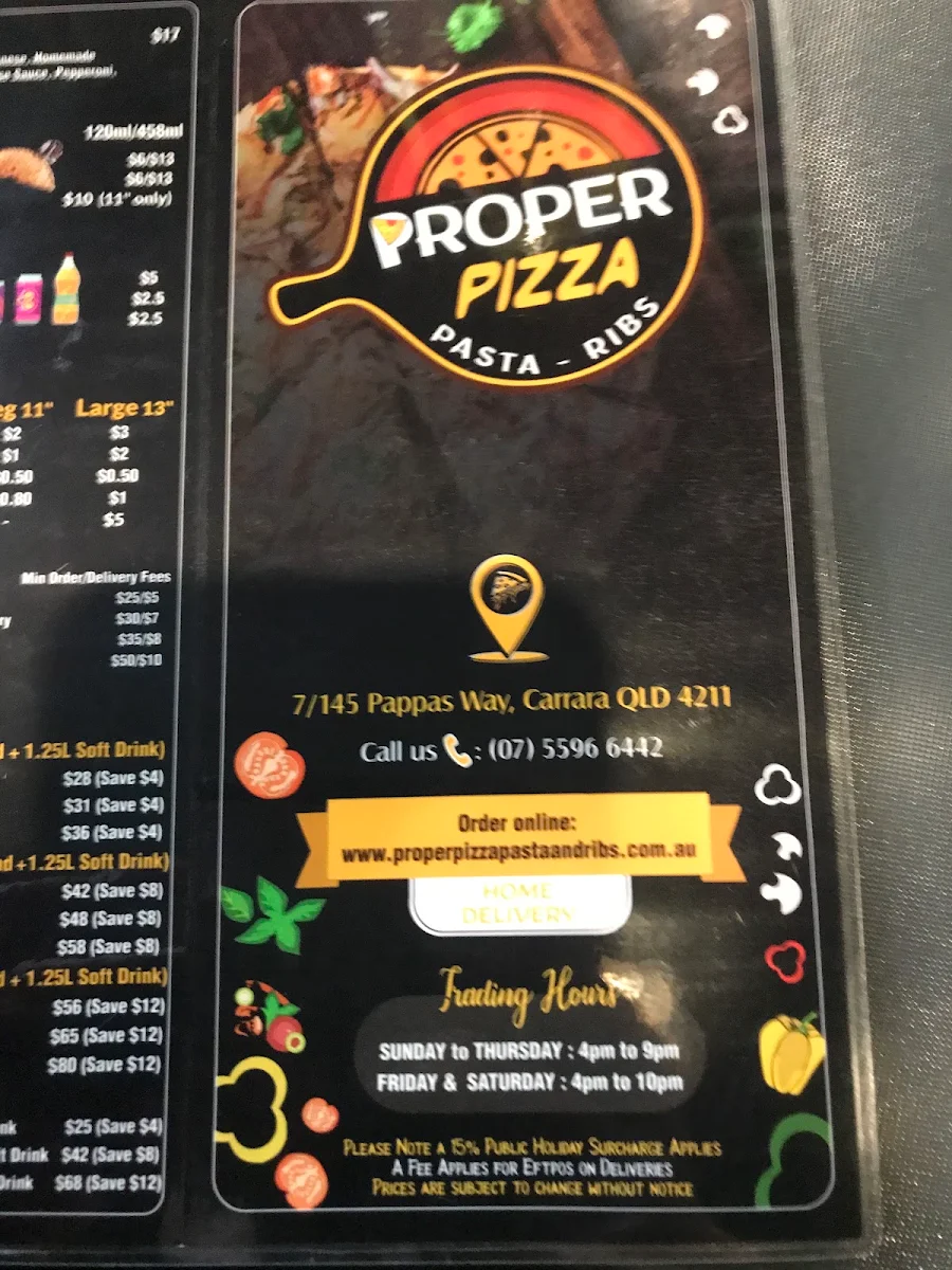 Menu, Proper Pizza Pasta and Ribs