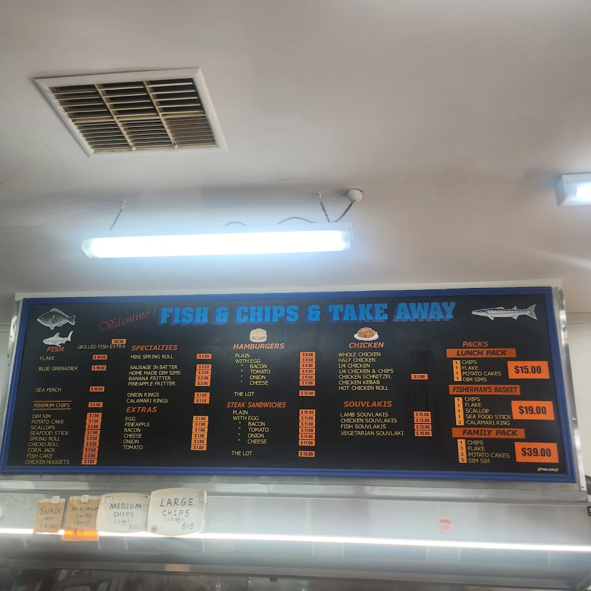 Menu, Valentinos Fish & Chips