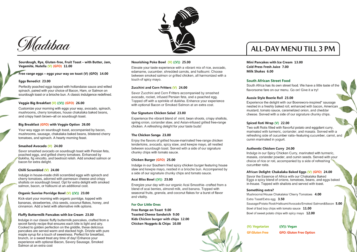 Menu, Madibaa Cafe