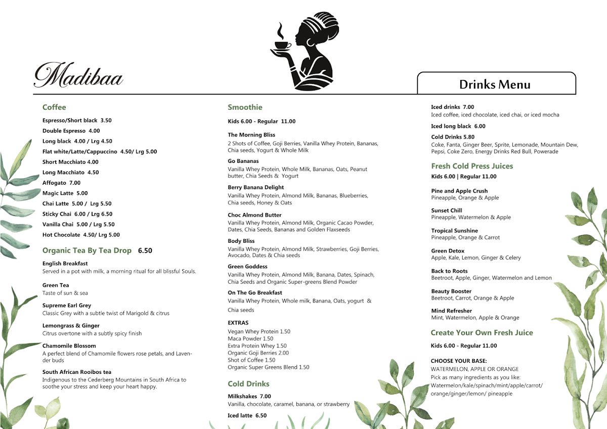 Menu, Madibaa Cafe
