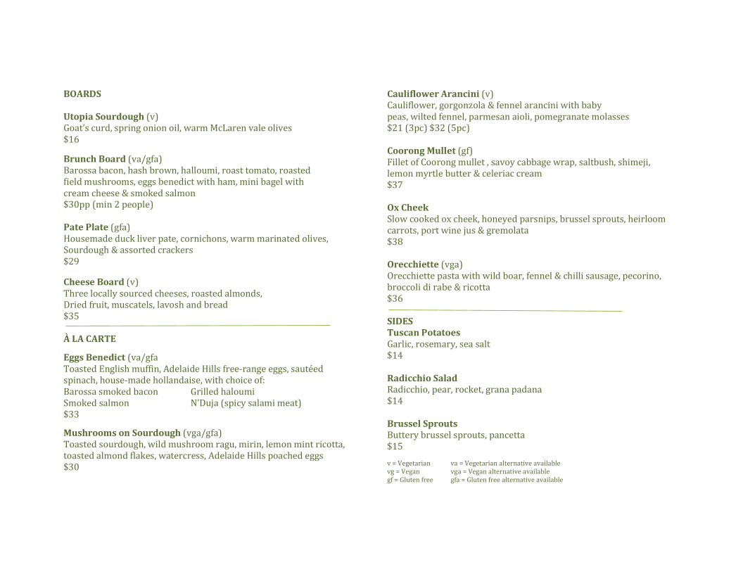 Menu, Utopia @ Waterfall Gully