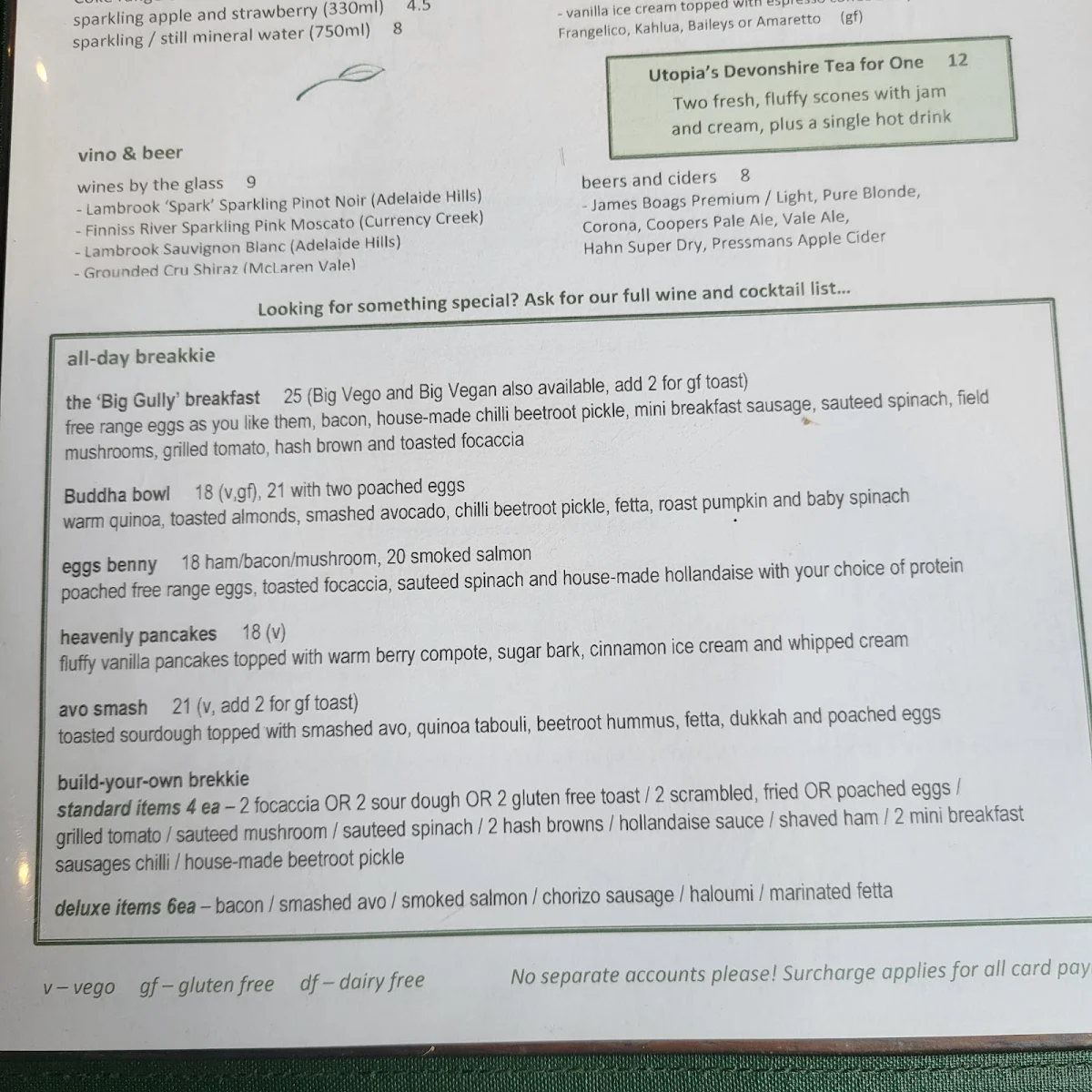 Menu, Utopia @ Waterfall Gully