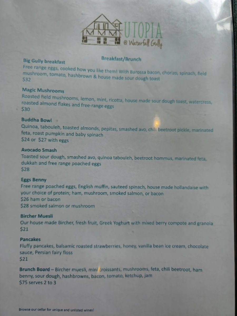 Menu, Utopia @ Waterfall Gully